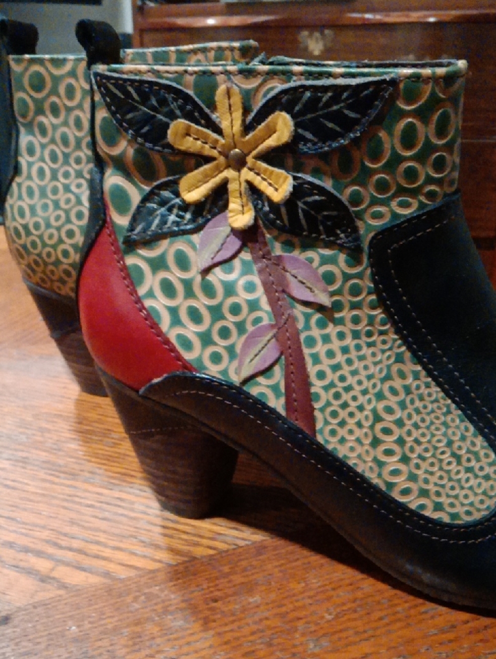 artis Green Patterned Ankle Boots with Yellow Flower and Red Heel